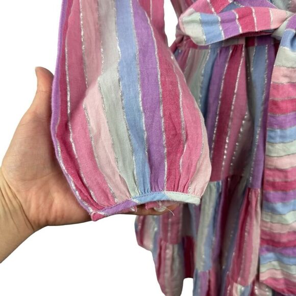 J. Crew Belted Button-up Dress in Pastel Stripe Rainbow Pink Purple SZ XS AP188 - Picture 4 of 16